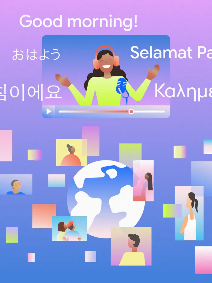 Illustration of a YouTube creator speaking in multiple languages and reaching global audience