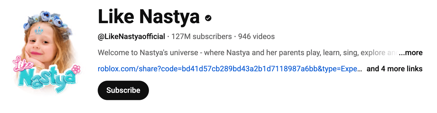 Like Nastya, a cheerful young YouTube creator - screenshot of youtube profile