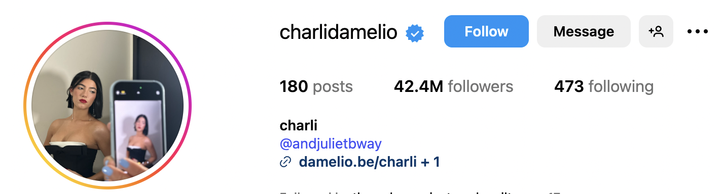 Screenshot of Charli D'amelio IG profile
