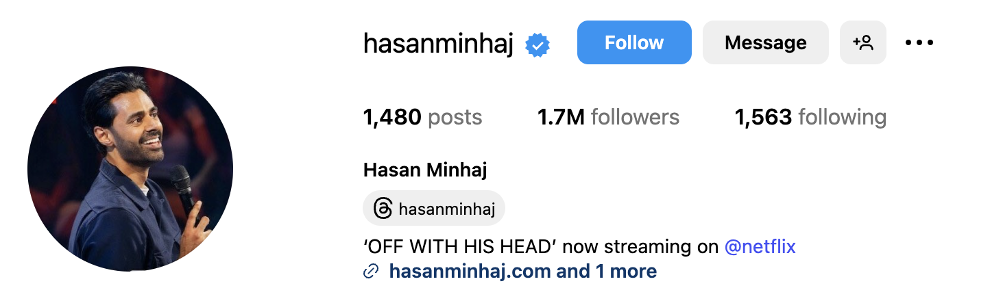 Hasan Minhaj in a screenshot image of his IG profile header