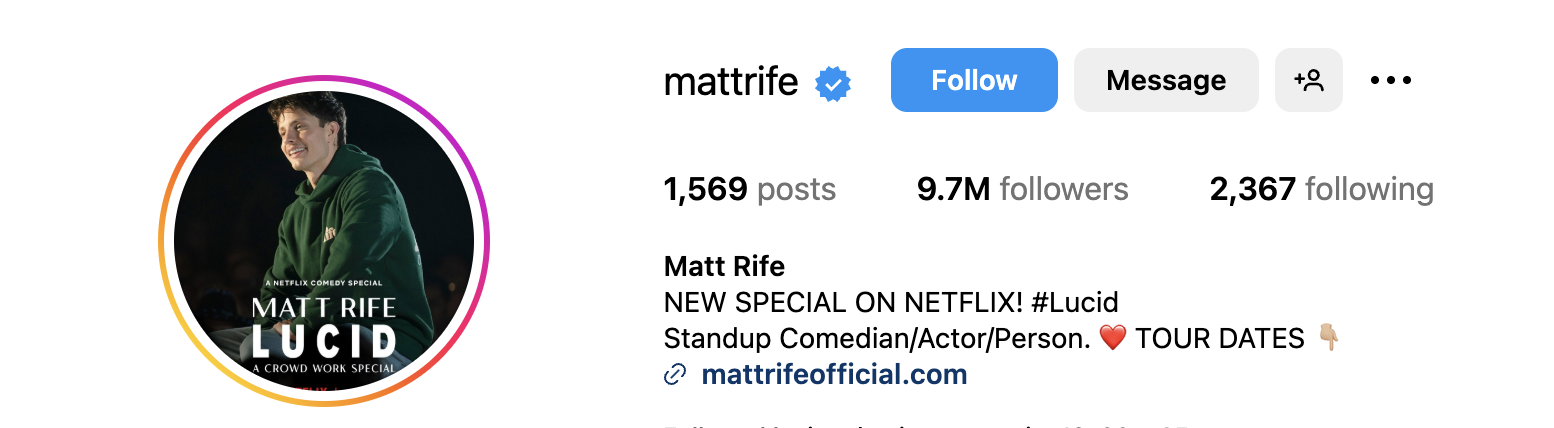 A screenshot of Matt Rife's  instagram header 