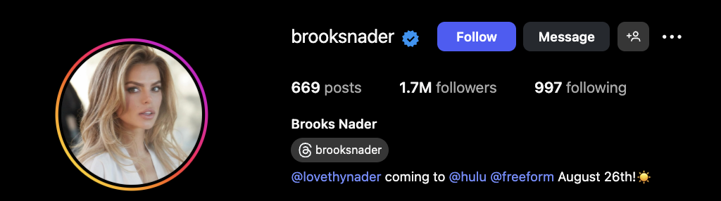 Brooks Nader IG profile
